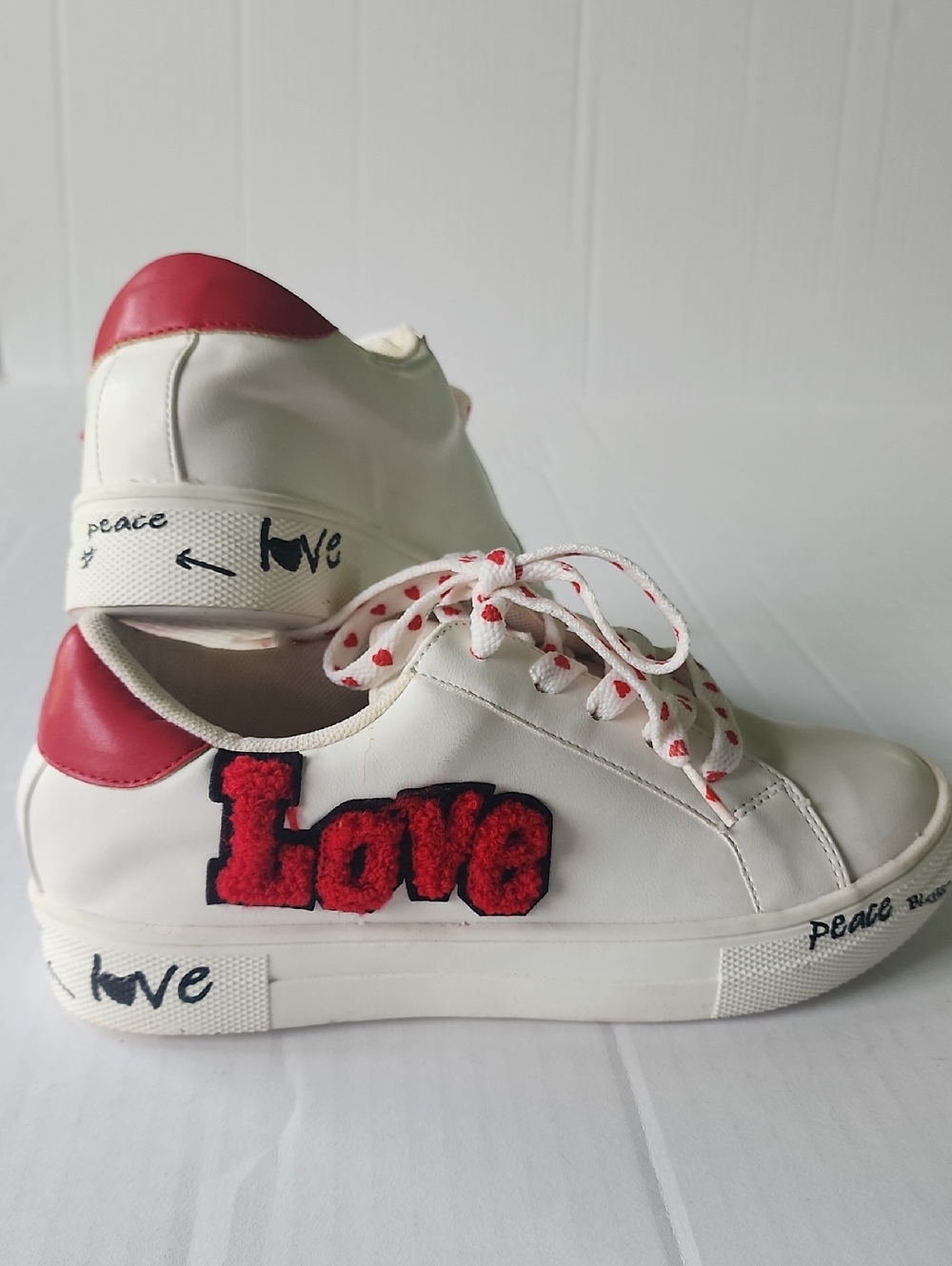 Unique White Sneakers with Love Patch, Red Heart Laces, Love/Peace/Blessed